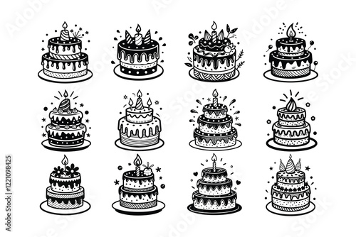 Cakes with Happy Birthday' Written on Top Silhouette Illustration