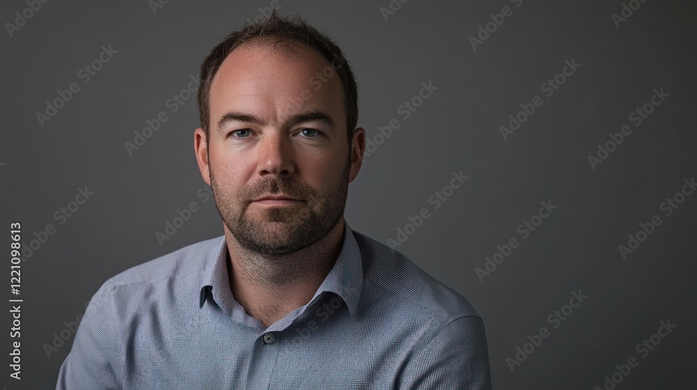 Fototapeta premium A serious man poses for a portrait against a grey background
