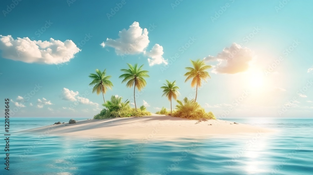 Fototapeta premium Tropical island with palm trees rising from a tranquil turquoise ocean under a sunny sky