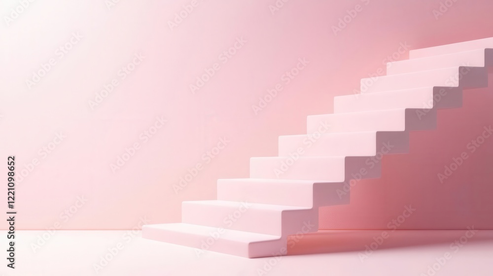 Minimalist staircase with key business success elements on each step, corporate theme, 3D illustration, Minimalist staircase with key business success elements on each step, corporate theme, 3D illustration,