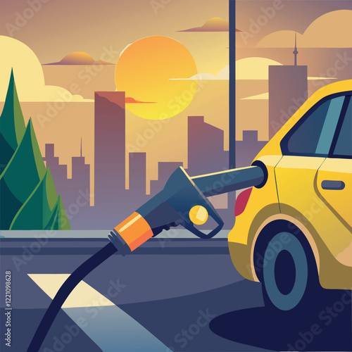 Print car refueling at a gas station vector isolated on white background