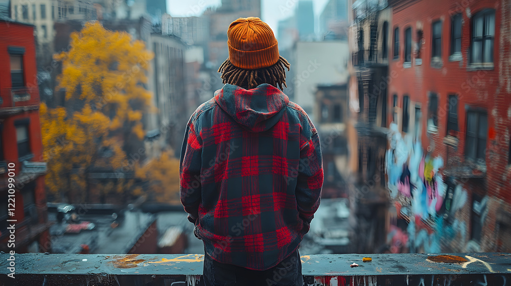 Naklejka premium A captivating photography of a model in casual streetwear, standing on a graffiti-covered wall, blending modern style with urban culture.