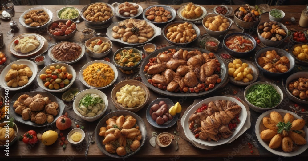 A large feast spread out on a table with plenty of delicious food, food, plenty A large feast spread out on a table with plenty of delicious food, food, plenty