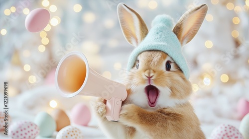 A cheerful rabbit wearing a blue beanie, holding a pastel megaphone against a festive, bokeh background. The image represents Easter celebration and joyful vibes