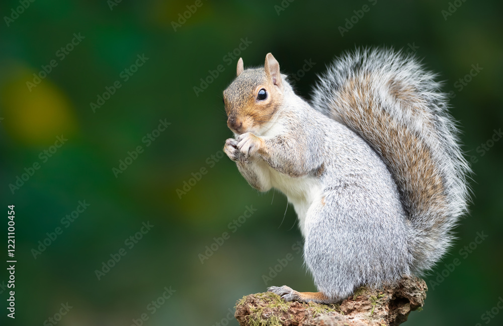 Fototapeta premium Grey squirrel eating nuts on a mossy tree branch
