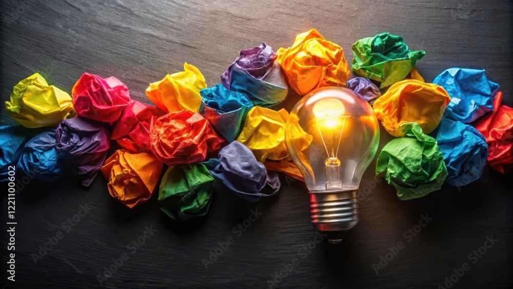 Fototapeta premium Crumpled colorful paper scattered on a black surface with a light bulb emitting bright colors and warm glow, symbolizing creativity and inspiration, black background, creative spark