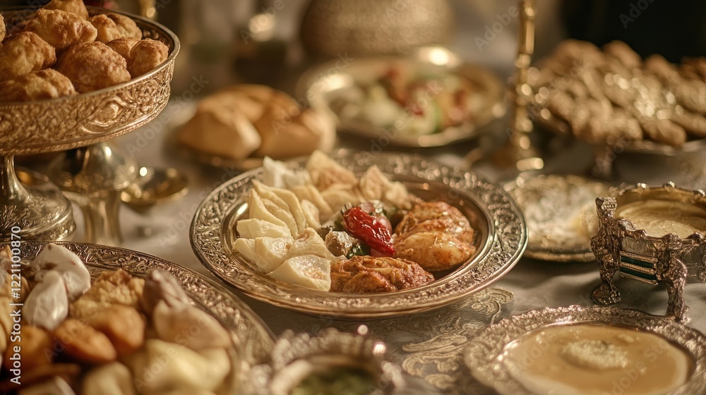 An opulent display of gourmet food and ornate tableware An opulent display of gourmet food and ornate tableware