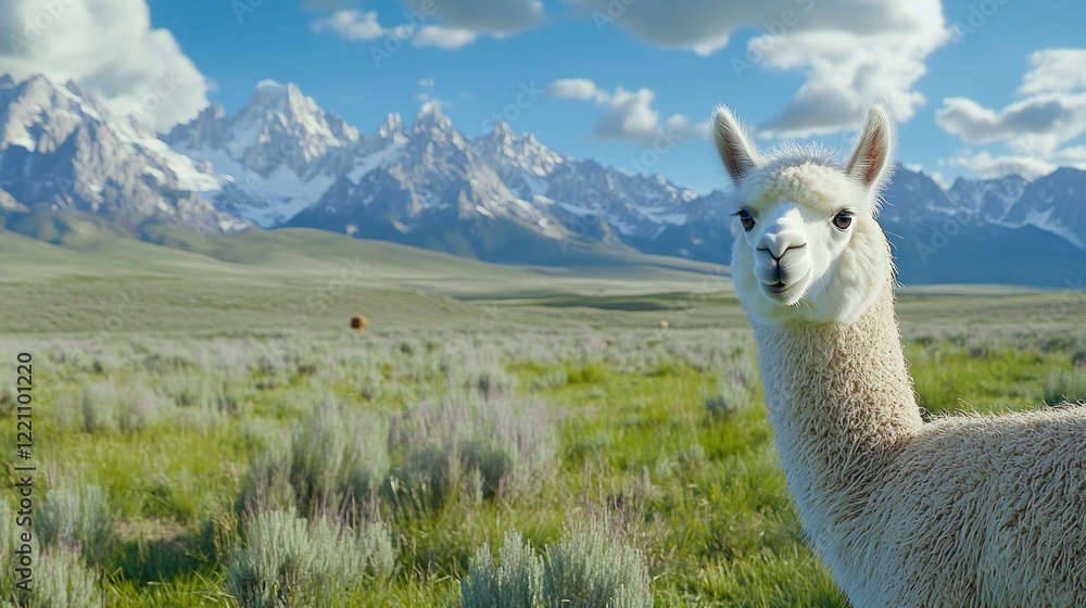 Fototapeta premium White Alpaca Posing in Mountainous Pasture