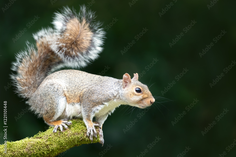 Grey squirrel standing on a mossy tree branch Grey squirrel standing on a mossy tree branch