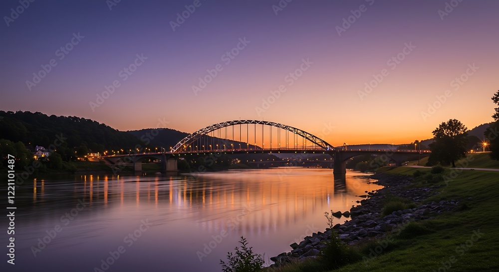 Stunning bridge over calm river at sunset. Mountains and landscape. Peaceful cityscape. Stunning bridge over calm river at sunset. Mountains and landscape. Peaceful cityscape.