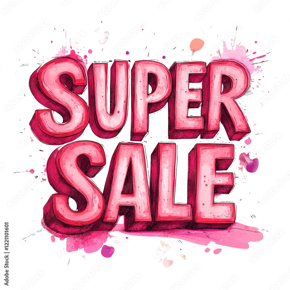 A vibrant pink watercolor graphic announces a super sale with bold 3D lettering. A vibrant pink watercolor graphic announces a super sale with bold 3D lettering.