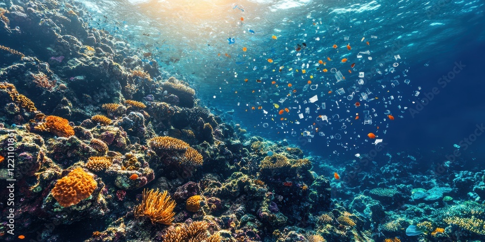 Fototapeta premium Sources of microplastics and their effects on marine ecosystems a study of pollution dynamics