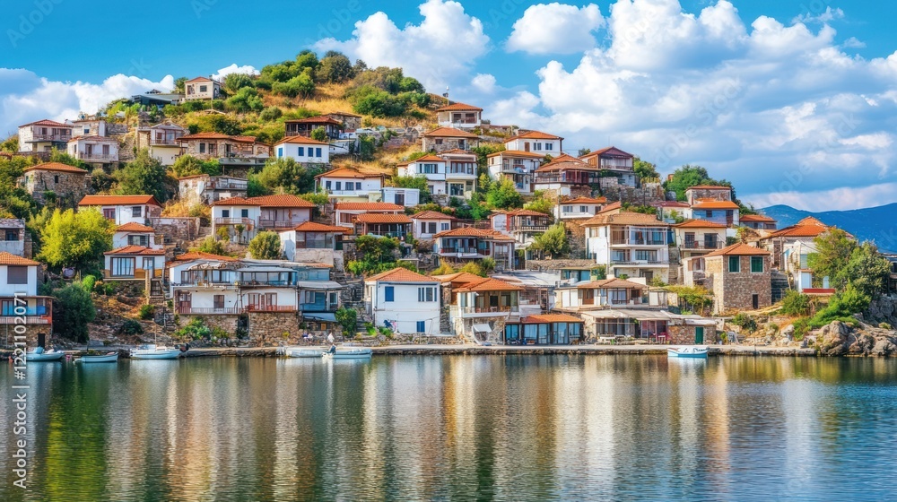 Fototapeta premium Hillside Village Houses Reflecting In Calm Water