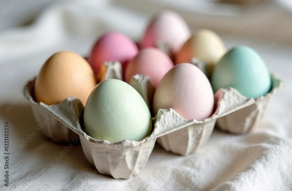 Composition of pastel colored eggs on linen. eggs are in a craft egg box Composition of pastel colored eggs on linen. eggs are in a craft egg box