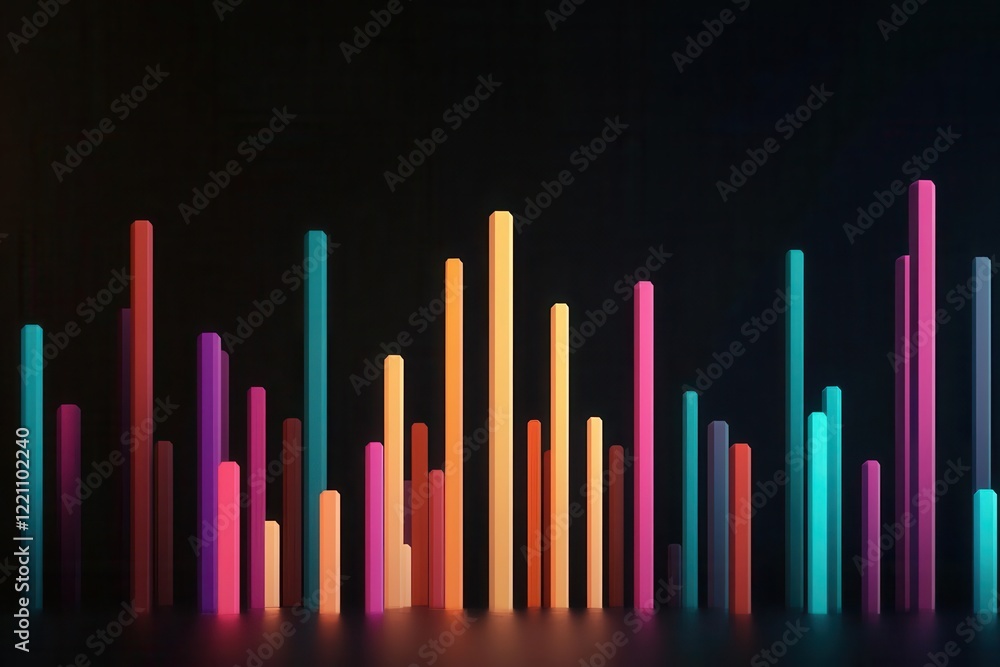 Data visualized as glowing bars and lines in an abstract 3D space, statistical optimization process in progress, high-tech representation Data visualized as glowing bars and lines in an abstract 3D space, statistical optimization process in progress, high-tech representation