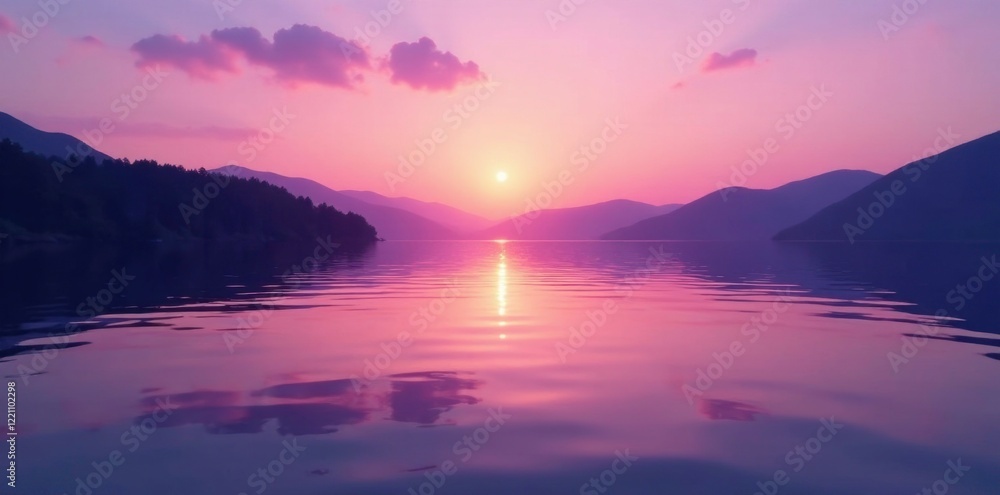 Gentle ripples disturb the surface of a still light purple lake at sunset, water, serene, lake Gentle ripples disturb the surface of a still light purple lake at sunset, water, serene, lake
