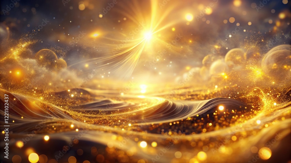 Obraz premium A celestial landscape of shimmering gold, illuminated by a radiant sun and scattered with celestial bodies, radiating ethereal light and swirling patterns of golden dust.