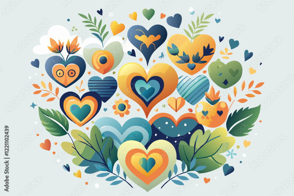 Vibrant Heart Patterns and Nature Elements in a Colorful Abstract Design