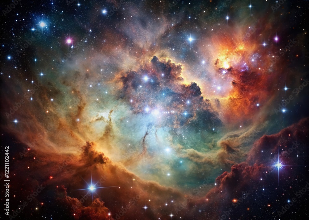 Naklejka premium Vintage Celestial Wonders: Nebula and Star Cluster in Deep Space