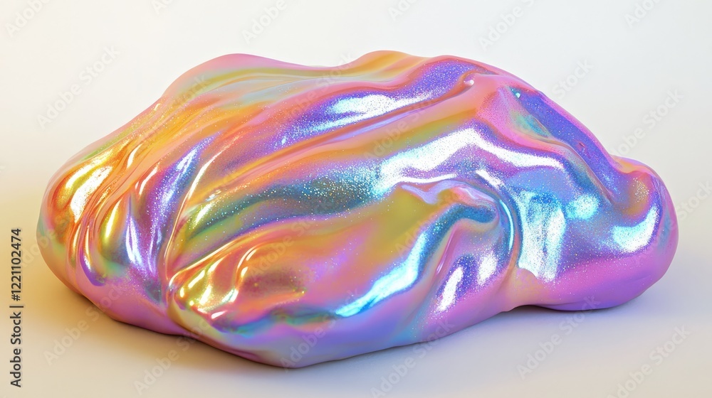 Naklejka premium Shiny, iridescent rainbow clay with a soft, foam-like texture, reflecting a shimmering metallic sheen under various light angles.