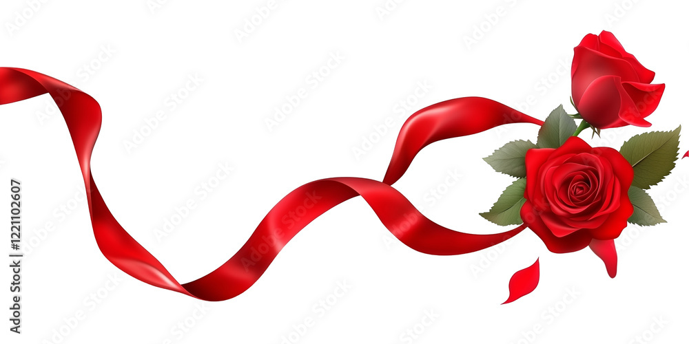 rose and bow with horizontal ribbon isolated on white. Valentine's Day decoration rose and bow with horizontal ribbon isolated on white. Valentine's Day decoration