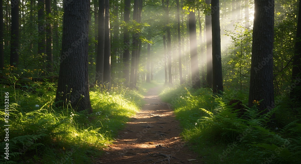 Obraz premium Sunlight beams through misty woodland trees. Green path in nature.