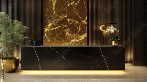 Luxurious Black and Gold Marble Reception Design