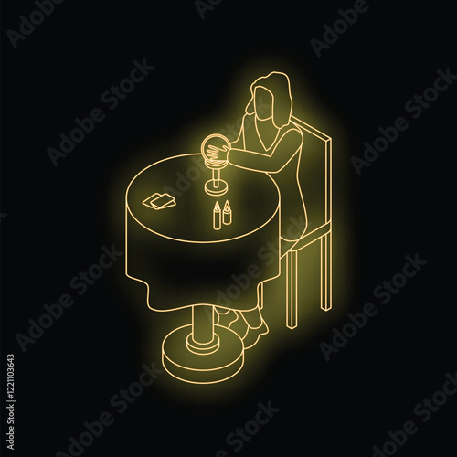 Isometric neon line art of a fortune teller reading a crystal ball at a round table with candles and cards