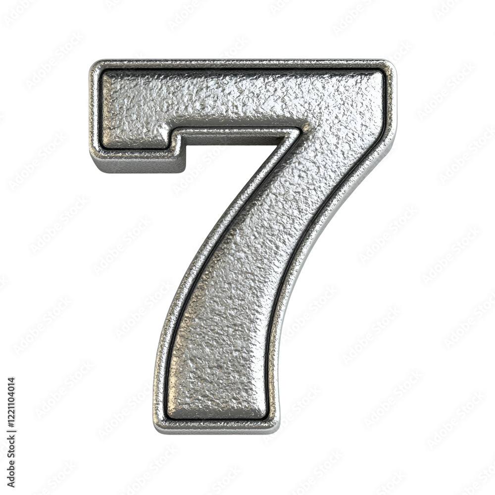 Top view of a 3D number 7 made of Aluminum metal isolated on a white transparent background Top view of a 3D number 7 made of Aluminum metal isolated on a white transparent background