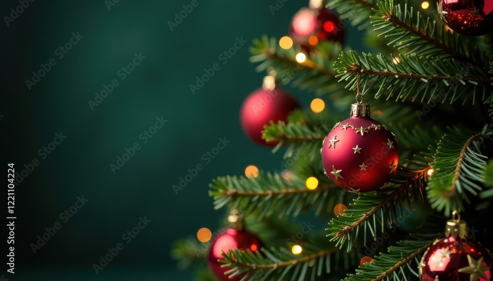 Classic Christmas tree, adorned with red baubles and golden stars , happy holidays, festive season, conifer Classic Christmas tree, adorned with red baubles and golden stars , happy holidays, festive season, conifer