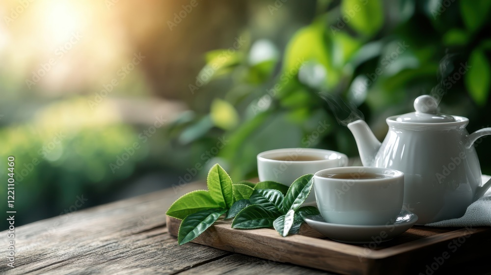A serene tea set with steaming cups is beautifully arranged on a wooden table, harmonizing with the surrounding lush greenery and creating a tranquil atmosphere. A serene tea set with steaming cups is beautifully arranged on a wooden table, harmonizing with the surrounding lush greenery and creating a tranquil atmosphere.