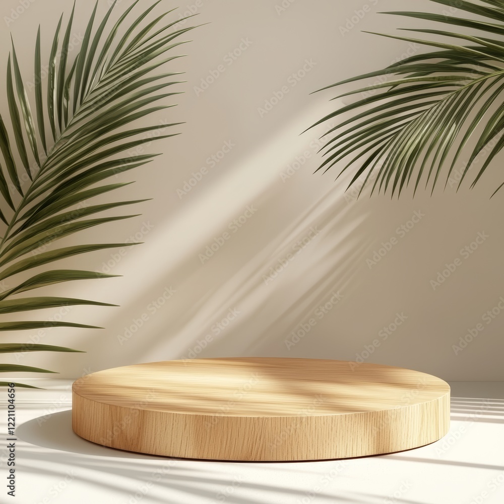 Wooden podium for product presentation with palm leaves. 3d render Wooden podium for product presentation with palm leaves. 3d render