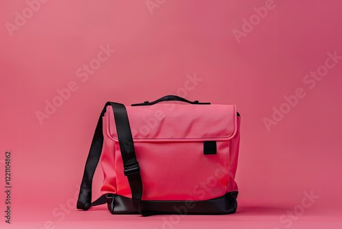 High Resolution of a Pink Bag with a Black Strap Sits on a Pink Background photo