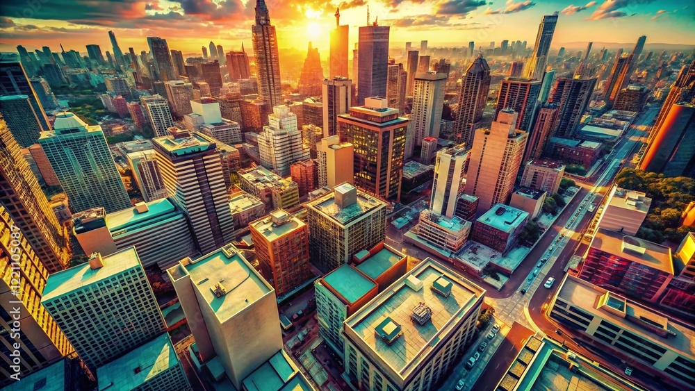 Obraz premium Vintage Drone Photography: Retro Aerial Shot of a Futuristic Cityscape, Drone 49