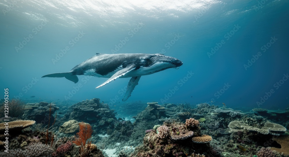 Humpback whale swimming over coral reef in clear ocean Humpback whale swimming over coral reef in clear ocean