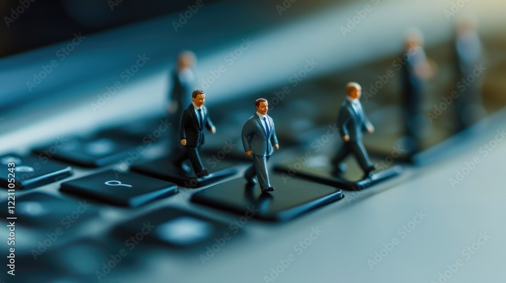 Tiny businessman figurines walking on a laptop keyboard, emphasizing the fusion of corporate work and modern technology. Tiny businessman figurines walking on a laptop keyboard, emphasizing the fusion of corporate work and modern technology.