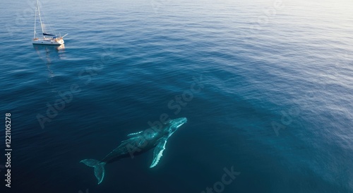 Sailboat and whale in calm ocean waters photo