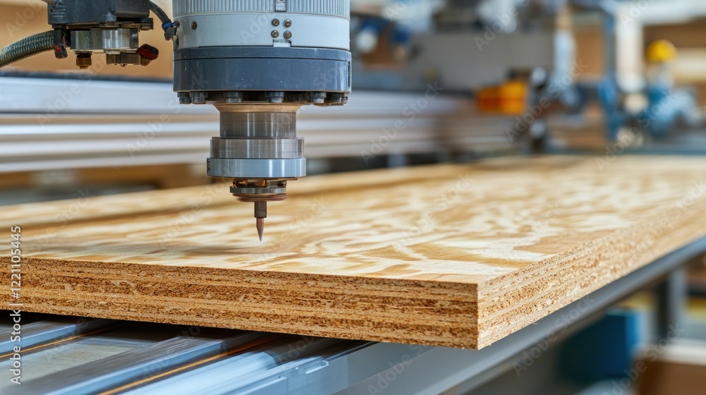 Automated machine precisely cuts a wooden panel Automated machine precisely cuts a wooden panel