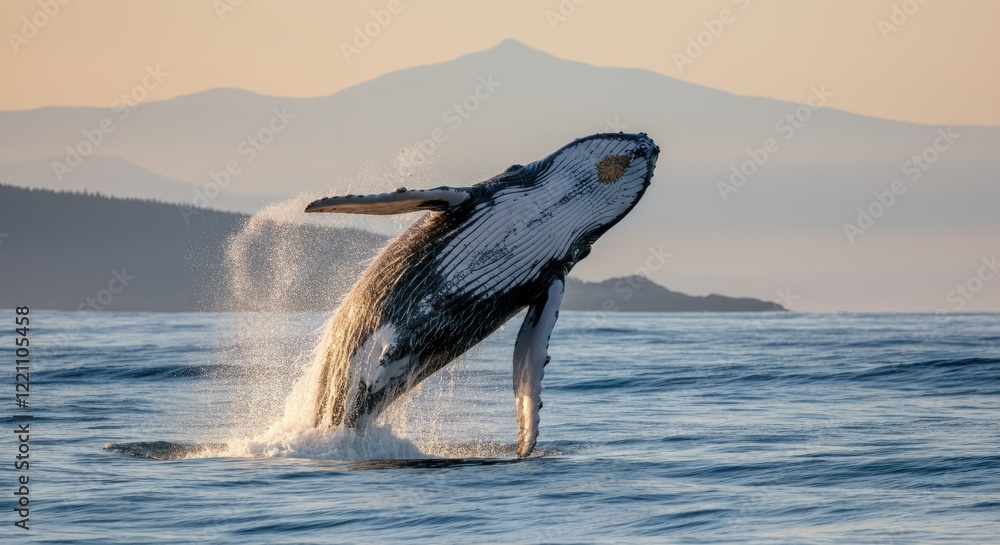 Fototapeta premium Whale breaching in ocean at sunset with mountains background