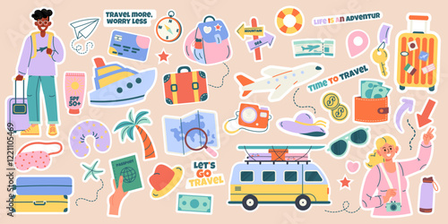 Set of stickers travel elements hand drawn with lettering