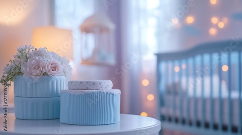 A close-up of a minimalist nursery in soft purple and blue tones. A background of a blurred crib in a softly lit nursery.
