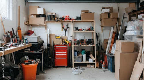 Cluttered Garage Space with Tools, Equipment, and Storage Items in Disarray