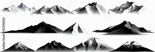 Silhouette vector illustration of a snowy mountain landscape with a silhouette of Mount Fuji, perfect for travel icon sets, unique vector icon set