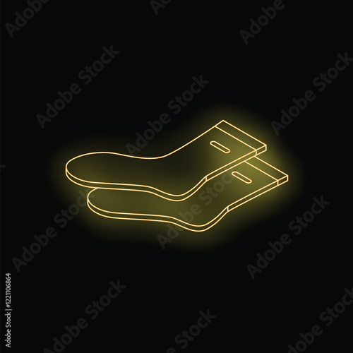 Neon sign of a pair of socks lying on top of each other, glowing yellow on a dark background