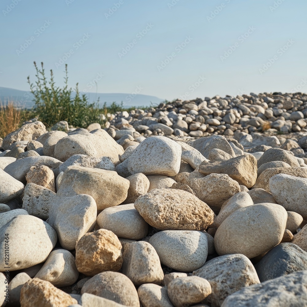 Pile of pebbles on the seashore with blue sky Pile of pebbles on the seashore with blue sky