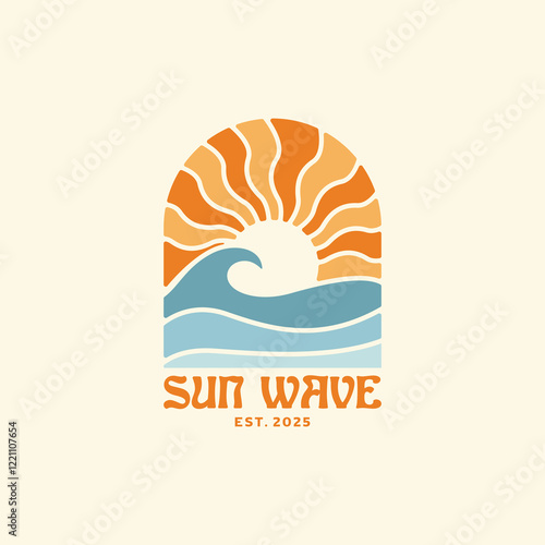 Vintage sun and wave design template for surf club, surf shop, surf merch.