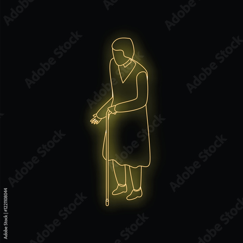 Neon sign of an elderly woman walking with a cane on a black background