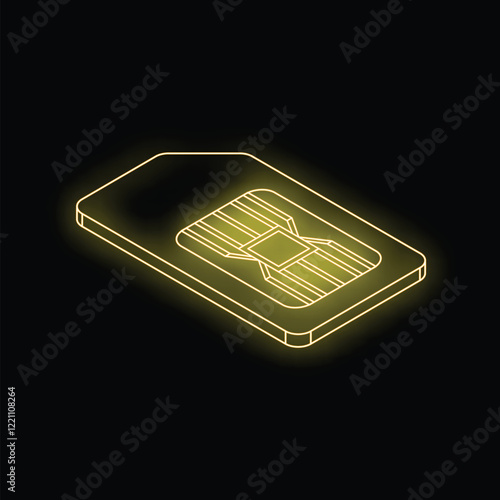 Neon yellow glowing outline of a sim card chip is shown on a black background