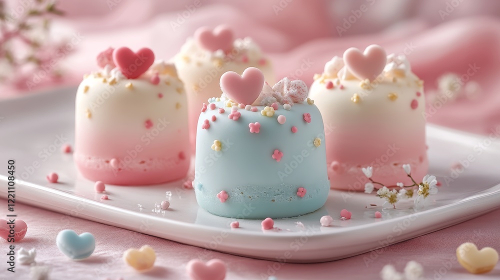 Mini cakes in pastel colors with heart-shaped decorations. Mini cakes with hearts in soft colors on an elegant white platter. Mini cakes in pastel colors with heart-shaped decorations. Mini cakes with hearts in soft colors on an elegant white platter.