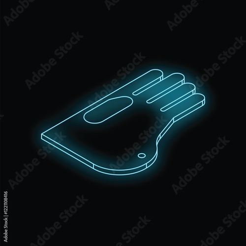 Bright blue neon outline of a credit card is glowing on a black background
